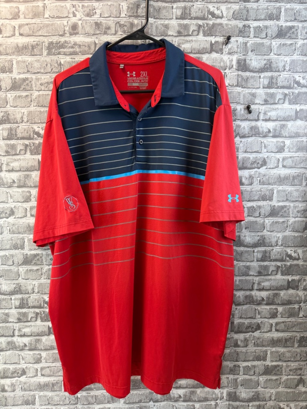 Under Armour Red and Navy Striped Golf Polo